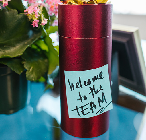 Flowers, welcome gift in an office.